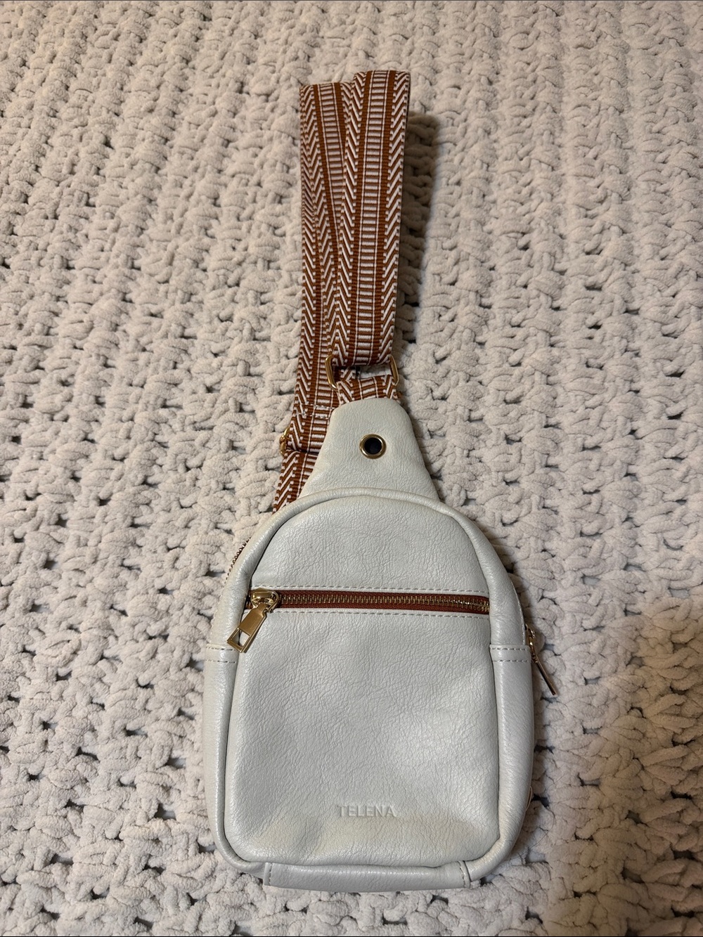 Telena White Leatherette Crossbody Bag with Patterned Strap